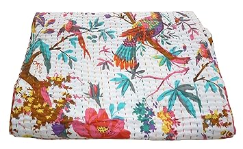 Sovereigns Bird Print Twin Size Kantha Quilt White, Kantha Blanket, Bed Cover, Twin Kantha Bedspread, Bohemian Bedding Kantha Size 60 Inch X 90