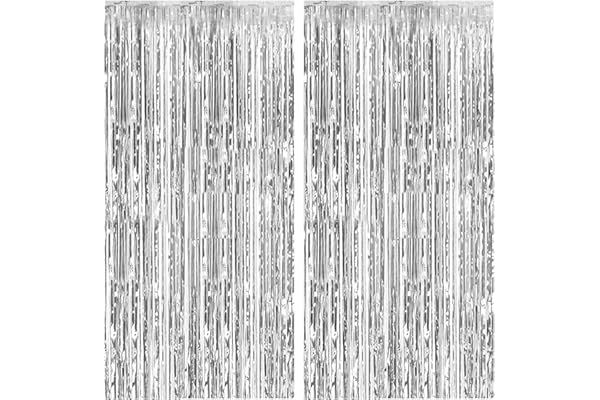 2 Pack Foil Curtain Backdrop Silver Metallic Tinsel Foil Fringe Curtains Photo Booth Props for Birthday Wedding Engagement Baby Shower Bachelorette Christmas Holiday Celebration Party Decorations