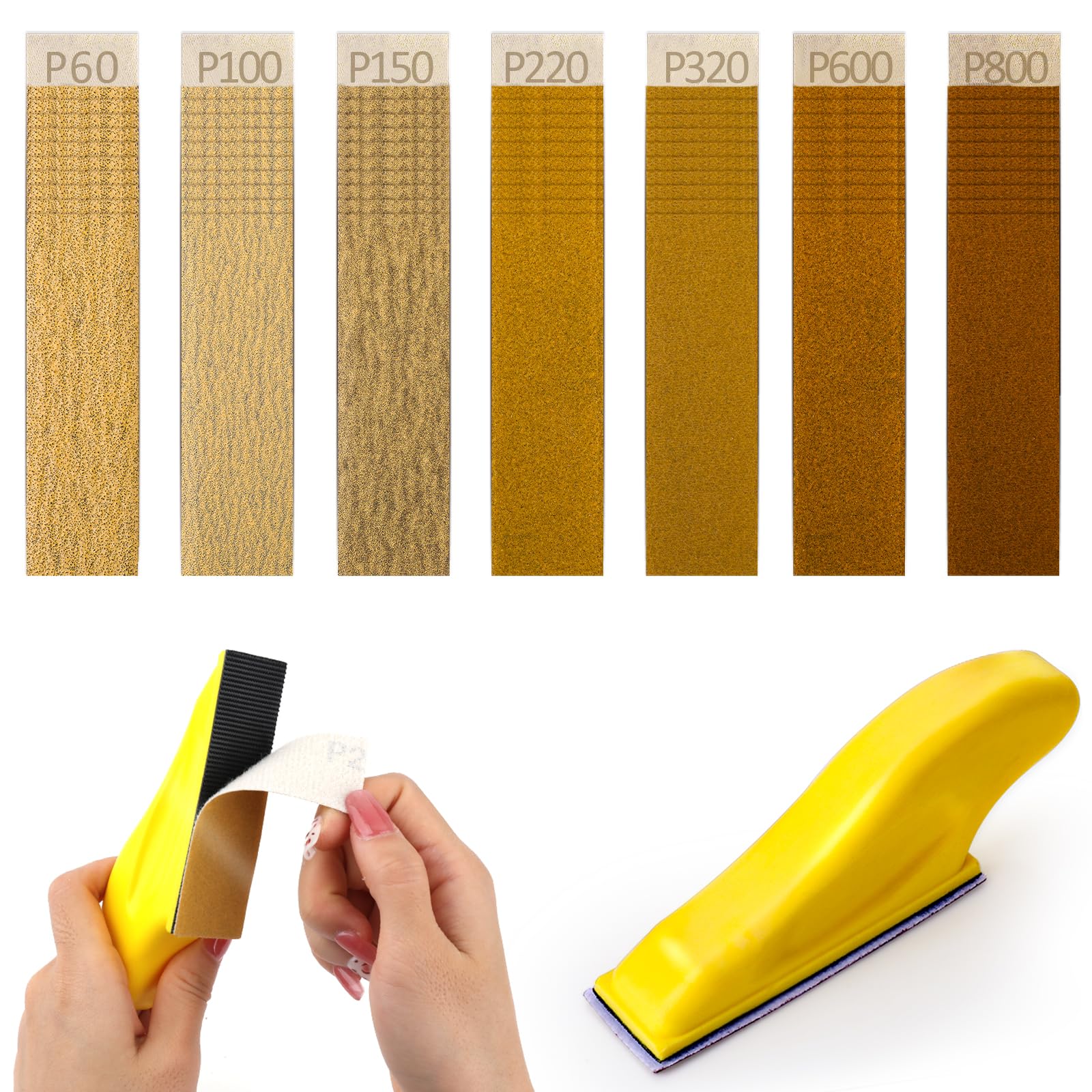 Micro Sander Kit with 70Pcs Sand Paper, 60 to 800 Grit Sandpaper Sheets 3.5 x 1 Inch Wet Dry Detail Sandpaper,Finger Sander for Crafts Wood Furniture Finishing,Metal Polishing 60/150/ 220/320/600/800