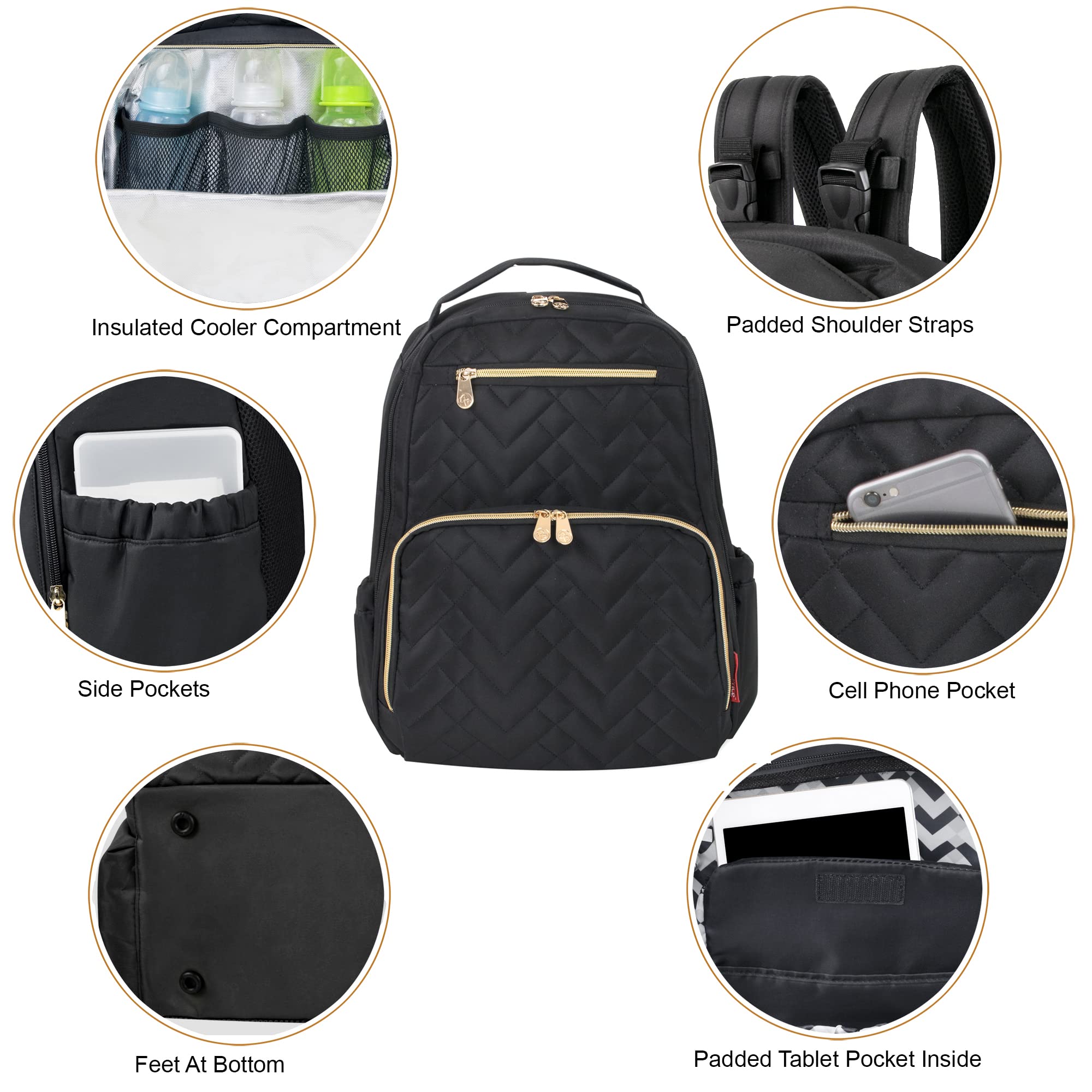 Baby Essentials Fisher-Price Signature Morgan Quilted Backpack Diaper Bag with Changing Pad, Stroller Clips, Laptop Compartment (Black)