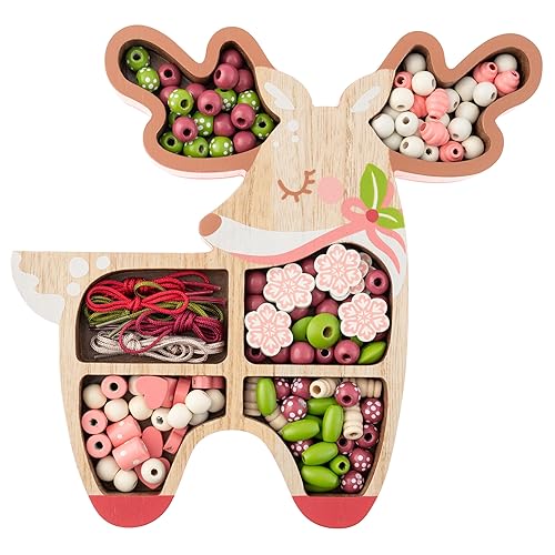 Stephen Joseph, Wooden Holiday Bead Kit for Kids, 125 Wooden Beads with 4 Necklace and 4 Bracelet Cords with Reusable Wooden Tray, Premium Wood Jewelry Making Kit for Kids, Reindeer