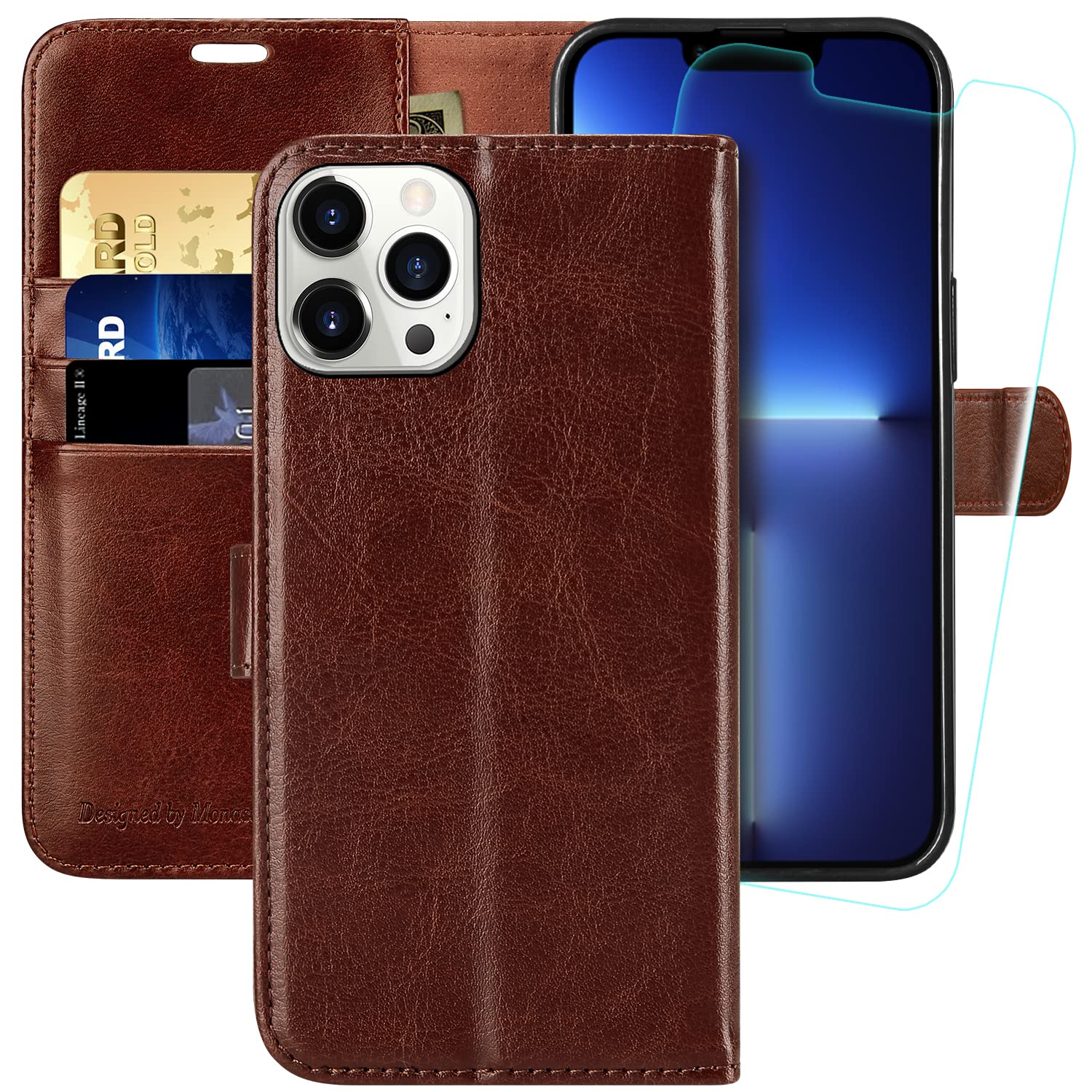 MONASAY Wallet Case for iPhone 13 Pro Max 5G,6.7-inch[Glass Screen Protector Included] [RFID Blocking] Flip Folio Leather Cell Phone Cover with Credit Card Holder,Brown — image 1