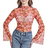 Durio 70s Womens Bell Sleeve Top Floral Tops for Women Disco Outfit Mock Neck Tops Semi Sheer Mesh Long Sleeve Top