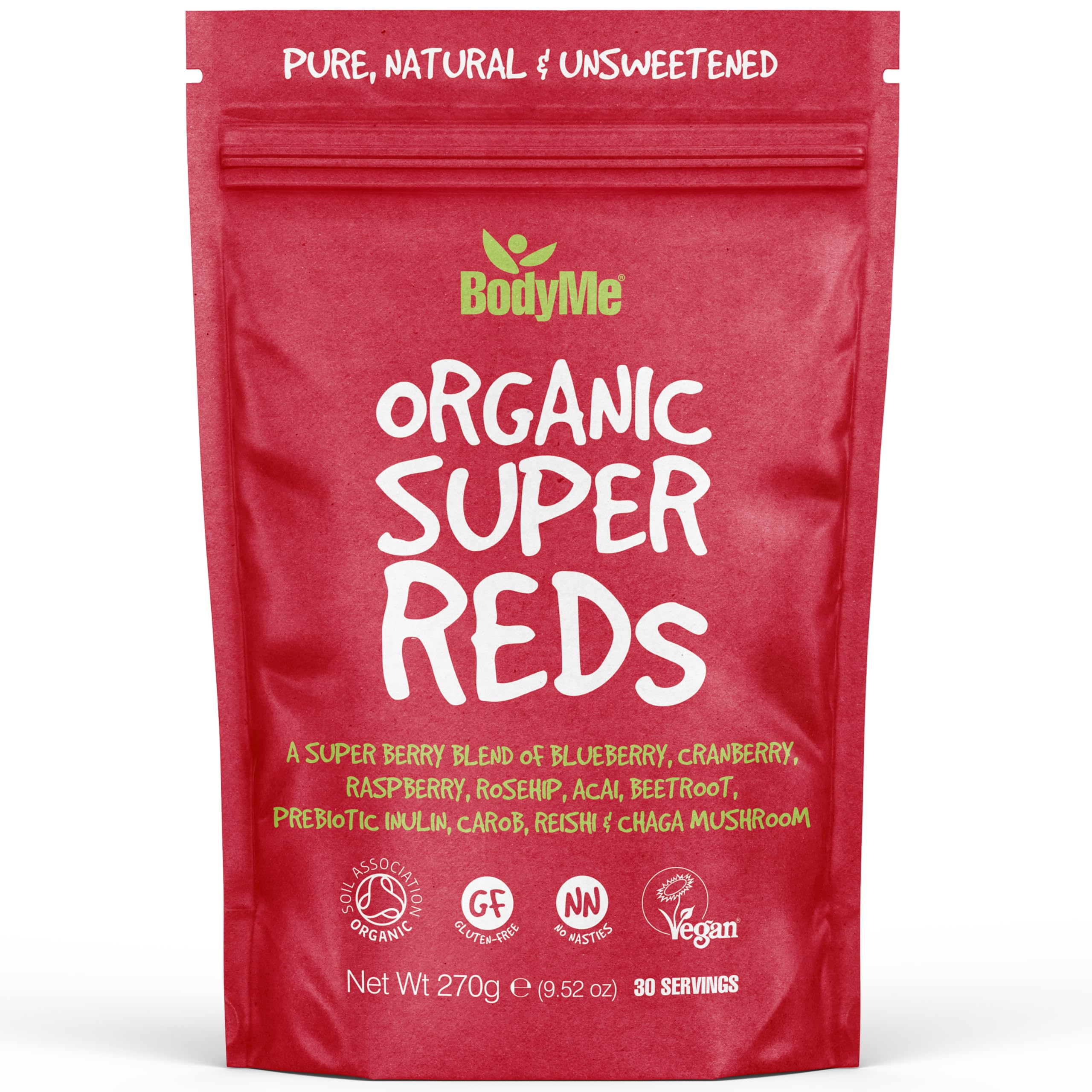 BodyMe Organic Vegan Red Powder - Vegan Super Reds Blend with Blueberry, Cranberry, Acai and Other Organic Ingredients - Quick & Easy Nutrients, (30 Servings, 270g) | UK