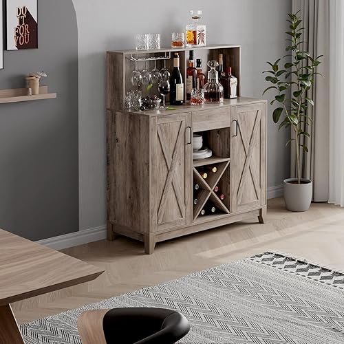 HOSTACK Modern Farmhouse Coffee Bar Cabinet, Barn Doors Wine