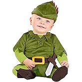 Peter Pan Baby Costume - Green Tunic Jumpsuit, Hat, Booties, Sword for Infant Adventures to Neverland