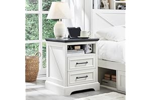 ACCOHOHO 18" Farmhouse Nightstand with Charging Station,End Table with 2 Drawers Storage,Side Table,Bedside Cabinet for Bedroom,Living Room,White