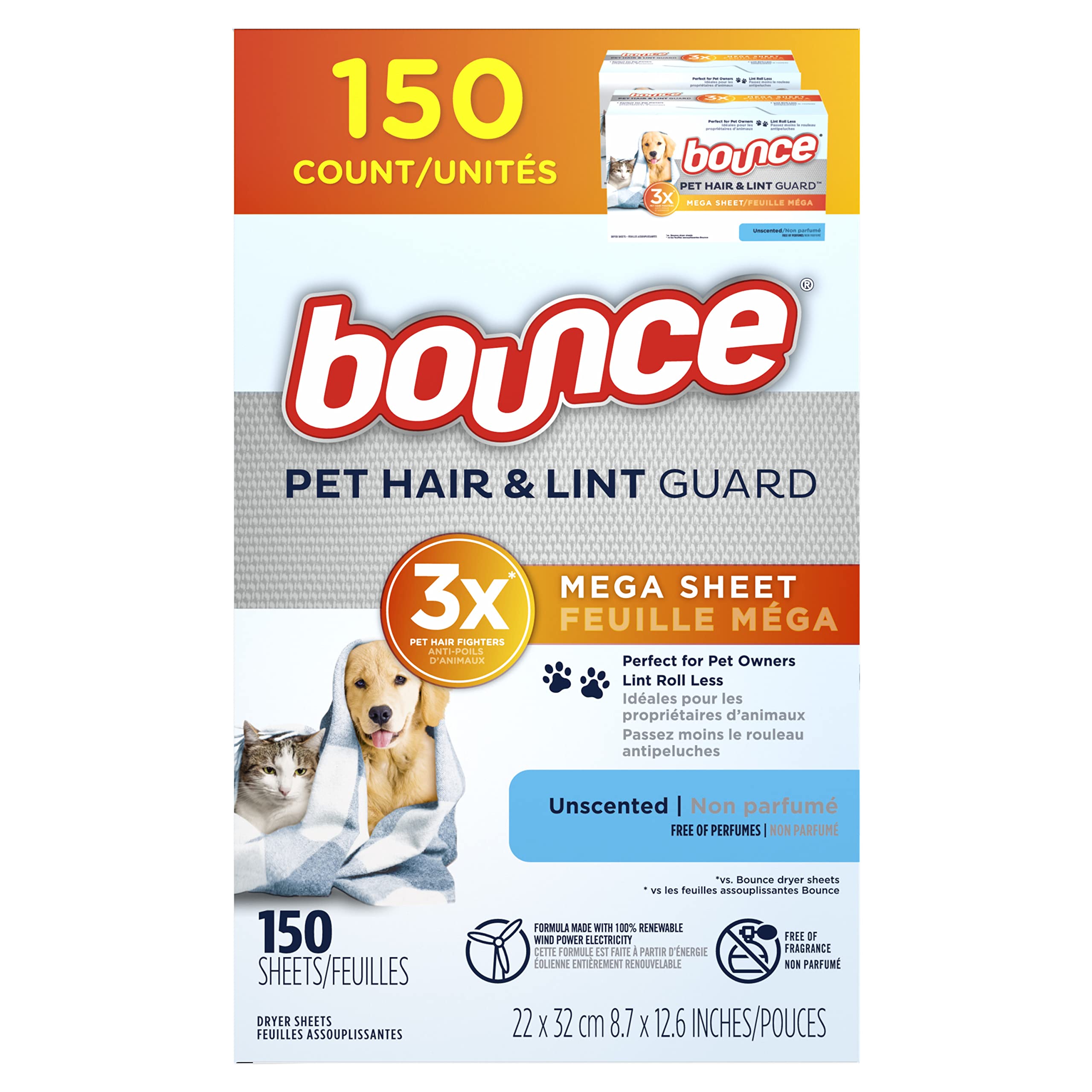 Bounce Pet Hair and Lint Protector, Mega Fabric Softener Dryer Sheets with 3 Pet Hair Fighters, Odourless, Pack of 150