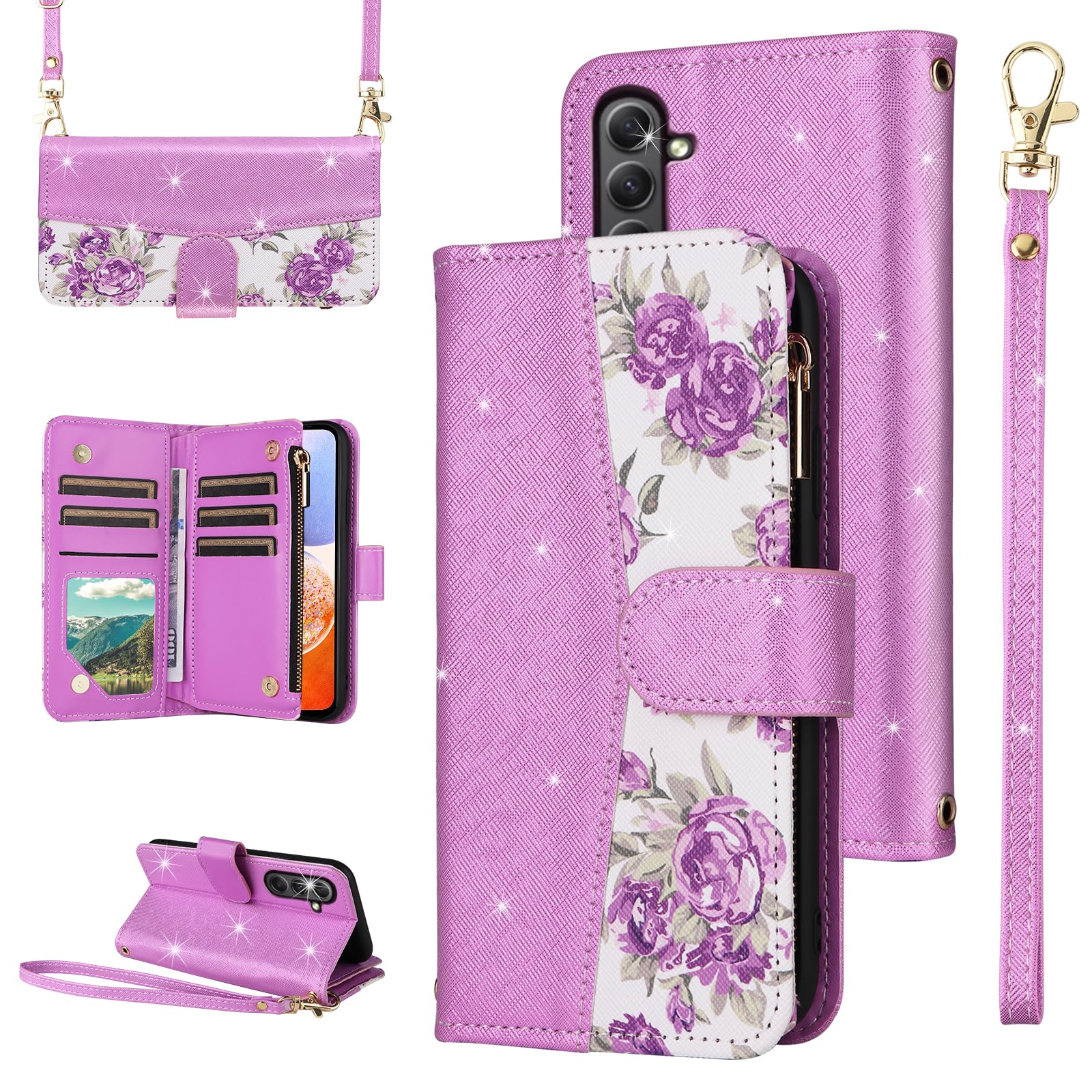 Furiet for Samsung Galaxy S24/S25 5G Floral Wallet Case with Flip Zipper Purse Wrist Strap Shoulder Strap Luxury Glitter PU Leather Card Holder Stand Phone Cover for S 24 24S 25 25S G5 Women Purple