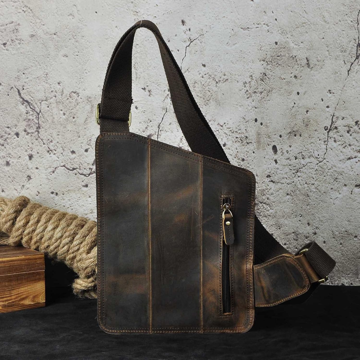 Le'aokuu Mens Fashion Casual Tea Saddle Sling Bag Designer Treasure Mini Best Travel Cycling Hiking Crossbody Chest Bag Rig One Shoulder Strap Bag Pack Daypack for Men Leather B214 (A Dark Brown 2) - Image 3
