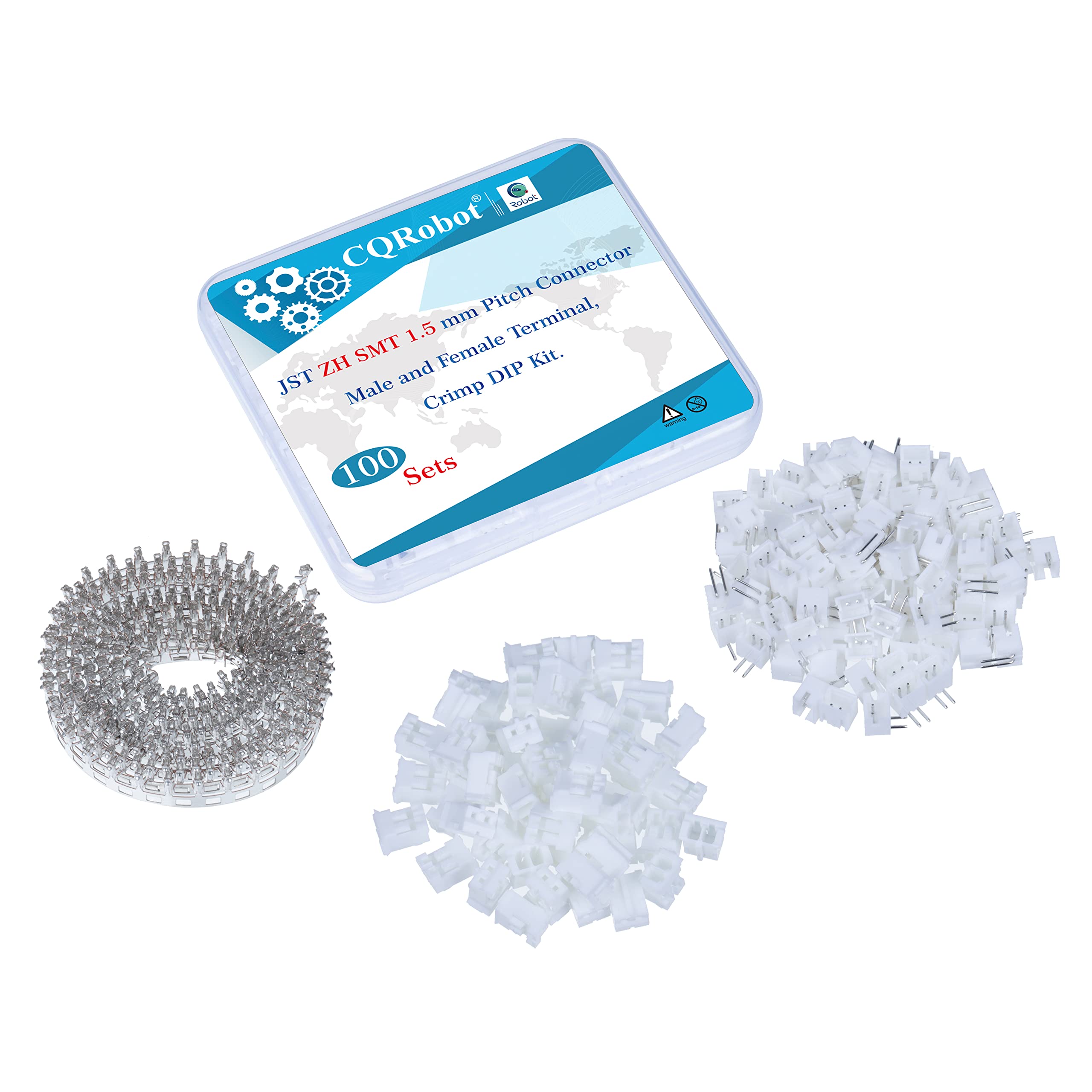 CQRobot JST ZH SMD 1.5 mm Pitch 2-Pin Electronic Computer Connector IC Male Plugs, Female Sockets Housing and T-Shaped Crimp Terminal Kit. 100 Sets/400 Pieces Wire-to-Board Adapter Cable Assembly.