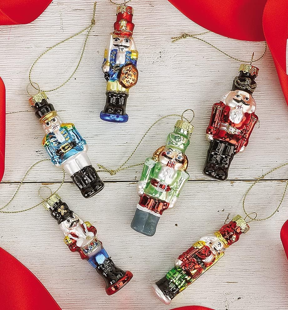 Nutcrackers - Lillian Vernon Glass Nutcracker Christmas Ornaments - Set of 6, 6 Designs, Hand Blown, Mini Tree Decorations, Festive Home Decor,