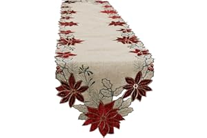 OWENIE Christmas Table Runner, Christmas Runner for Table with Embroidered Red Poinsettia, Christmas Home Decor, 13 x 70 Inch