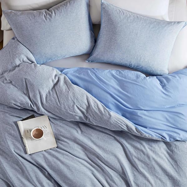 HYDE LANE LINEN DUVET COVER SET QUEEN SIZE, 3PCS TEXTURED FRENCH FLAX LINEN COTTON BLEND BEDDING SET, NATURAL AND ORGANIC, SOFT AND BREATHABLE, WITH 2 PILLOW SHAMS, 90″X90″, BLUE