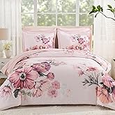 LLDSYW Queen Comforter Set - 7 Pieces Bed in a Bag Pink Floral Queen Comforter Set with Sheets, Soft Microfiber Flower Complete Bedding Set for All Seasons(Pink,90"x90")