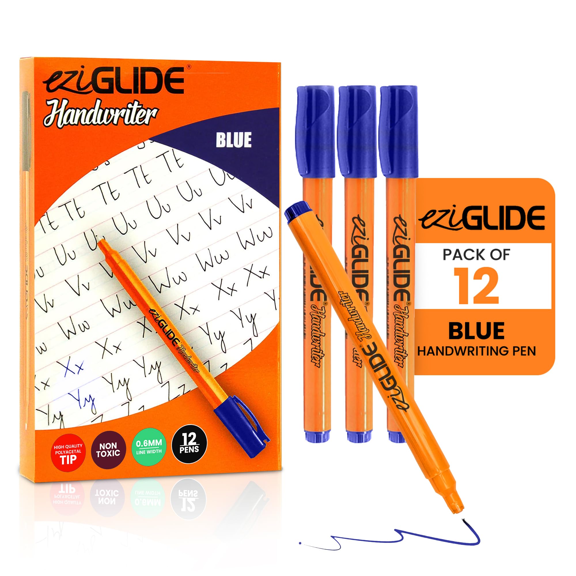 Eziglide Handwriting Pens, Pack of 12 Blue Handwriting Pens for School and Home Learning, Durable Tip for Smooth, Effortless Ink Flow, Suitable for Both Right- and Left-Handed Children