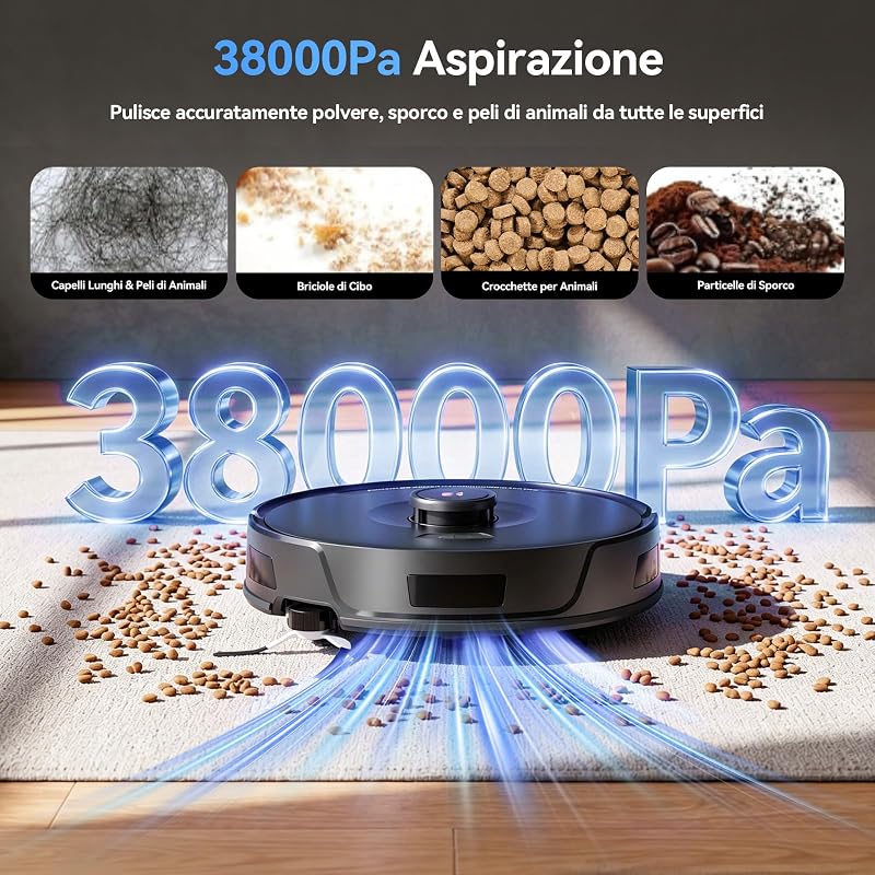 D8 Pro Aspirapolvere Robot Lavapavimenti, 38000Pa Aspirapolvere Robot con Mappatura, Anti-Avvolgimento Peli, Navigazione LiDAR, Robot 4-in-1 Aspira e Lava per Pavimenti/Moquette