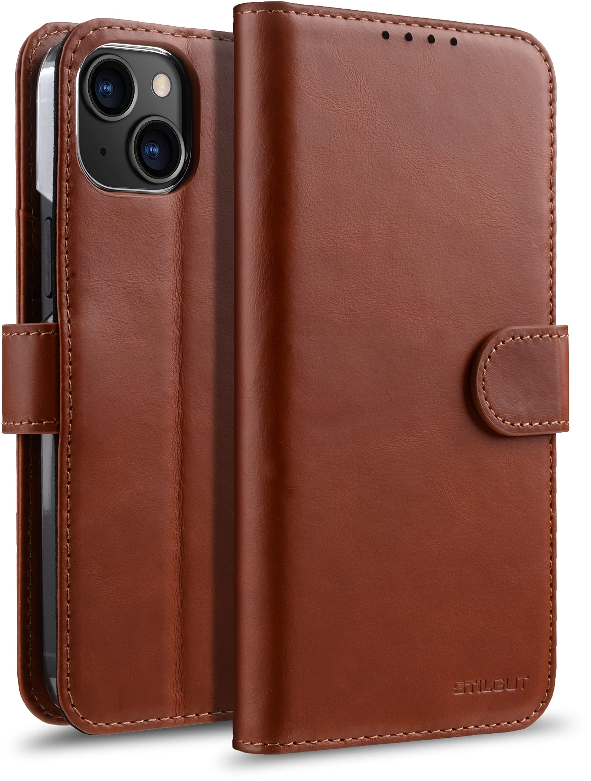 StilGut Talis Compatible with iPhone 14 Plus (6.7 Inch) Case with Card Slot, Leather Flip Cover, Mobile Phone Case with Compartments & Stand Function - Cognac