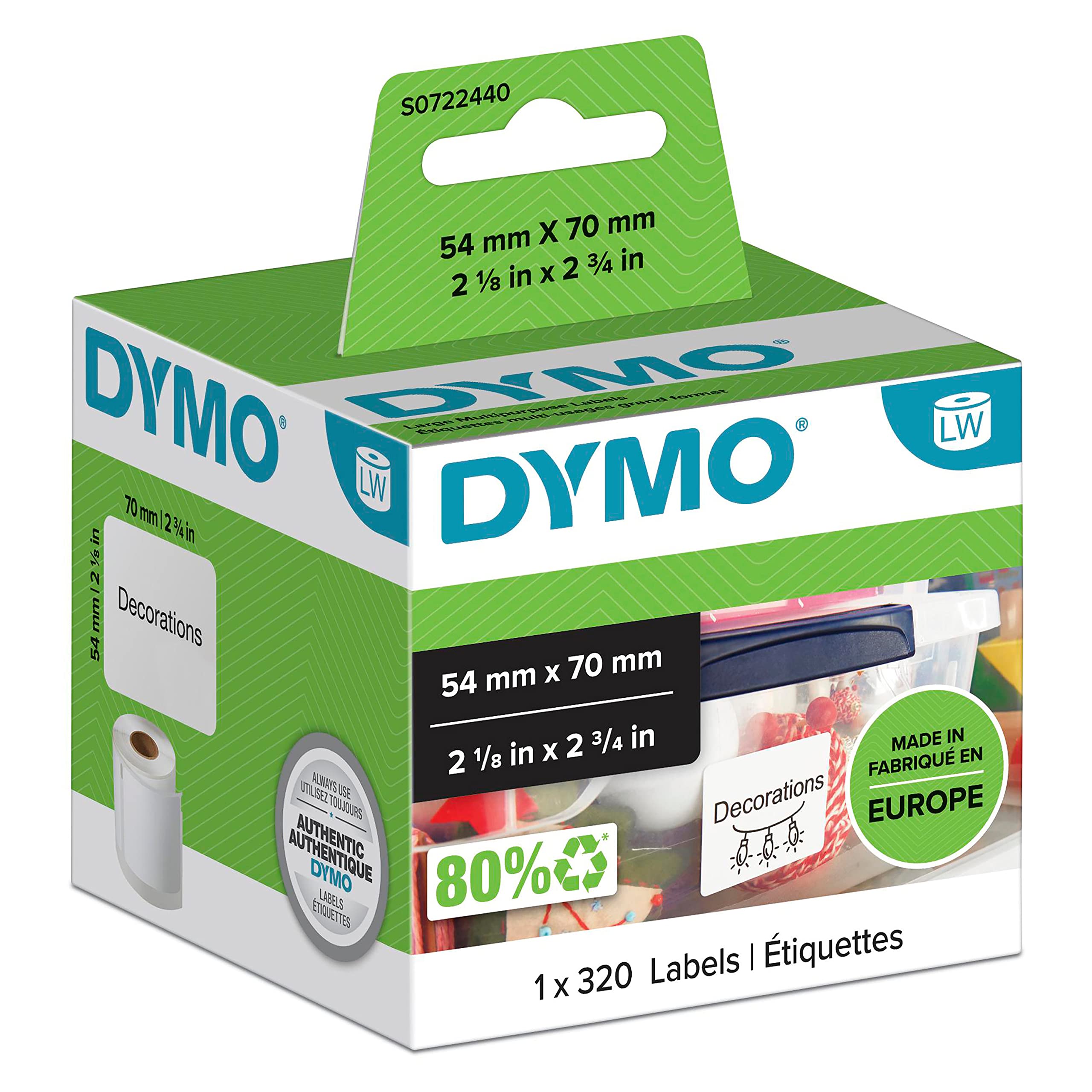 DYMO Authentic LabelWriter Multi-Purpose Labels | 54 mm x 70 mm | Self Adhesive | Roll of 320 Easy-Peel Labels | for LabelWriter Label Makers | Made in Europe