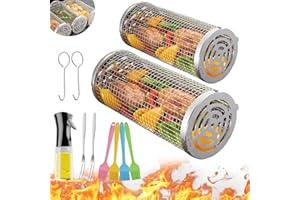 Wrakus Rolling Grilling Baskets for Outdoor - Grill Grate Charcoal Round BBQ Stainless Steel Basket Campfire Grid Camping Picnic Cookware (M&L)