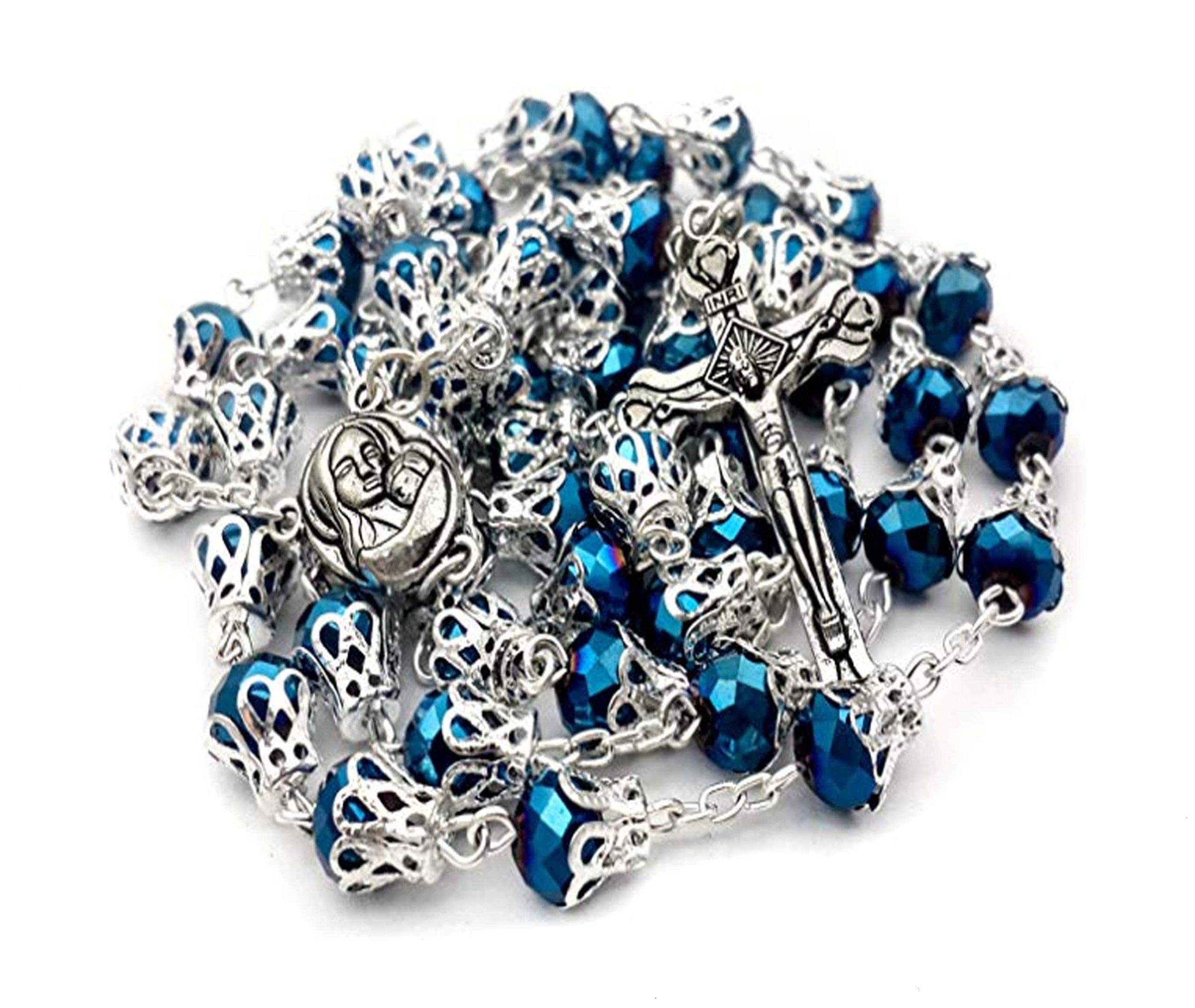 Nazareth Store Deep Blue Crystal Beads Rosary Catholic Necklace Metal Caps Holy Mary Soil Centerpiece Medal Cross Crucifix in Velvet Bag Prayer Rosarios Catolicos