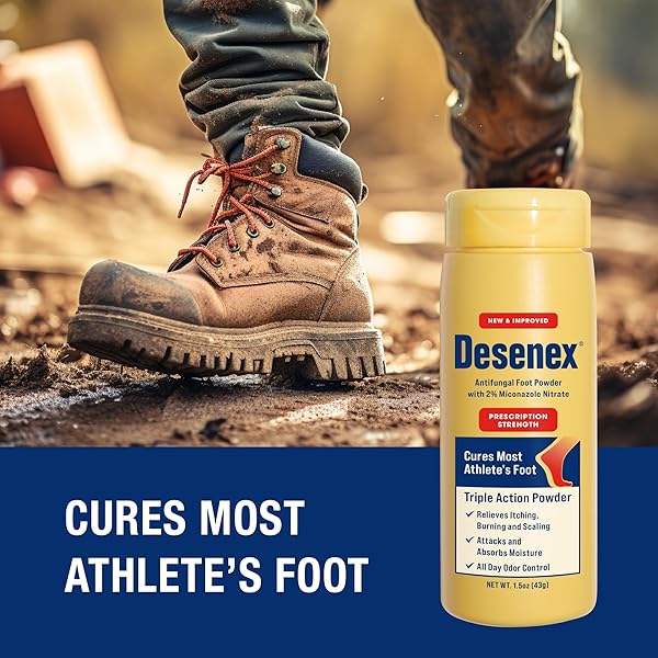 DESENEX ANTI-FUNGAL FOOT POWDER, CURES MOST ATHLETE’S FOOT, 2% MICONAZOLE NITRATE, HELPS RELIEVE ITCHING, BURNING AND SCALING, ATTACKS AND ABSORBS MOISTURE, ALL DAY ODOR CONTROL, 1.5OZ