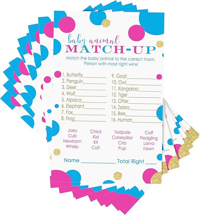 Gender Reveal Animal Match Game (25 Pack) Games for Baby Shower