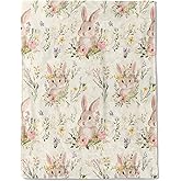 ainori Cute Bunny Fleece Blanket - Lightweight Soft Cozy Gifts Throw for Animal Lovers, Kids,Women,Rabbit Floral Cream Blankets,Home Room Modern Farmhouse Boho Decor 50x60in