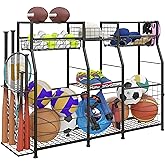 LUMAMU Garage Sports Equipment Organizer with Wheels - Ball Storage Rack with Elastic Rope or Wire Mesh,Garage Organizer System,Indoor/Outdoor Sports Rack for Sports Gear and Toys Storage,Black