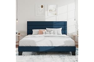 SHA CERLIN King Platform Bed Frame with Upholstered Fabric Headboard, Mattress Foundation with Strong Wooden Slats Support, No Box Spring Needed, Blue