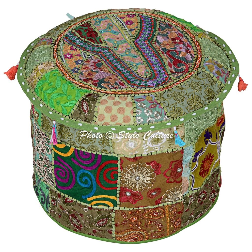 Stylo Culture Cotton Footstool Pouffe Cover Stool Patchwork Embroidered Ottoman Stool Ethnic Pouf Cover Green Floral Vintage Bench Stool Seat Indian Traditional Furniture (22x22x14) (COVER ONLY)