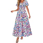 PRETTYGARDEN Boho Dresses for Women 2026 Summer Floral Short Sleeve V Neck Smocked Flowy Beach Vacation Maxi Dress