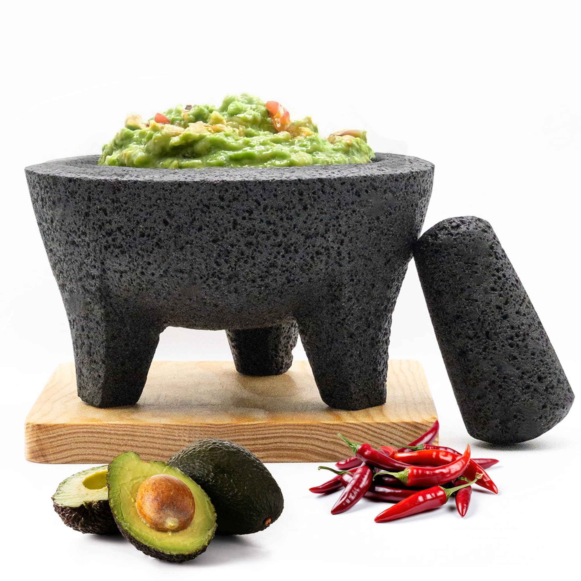 Photo 1 of Axcento Molcajete Mexicano Made of Lava Volcanic Rock, Set with Mortar, Pestle and Cutting Board Included - Large Molcajete 8-Inch, Molcajete de Piedra Volcánica, Molcajete for Oven (Black)