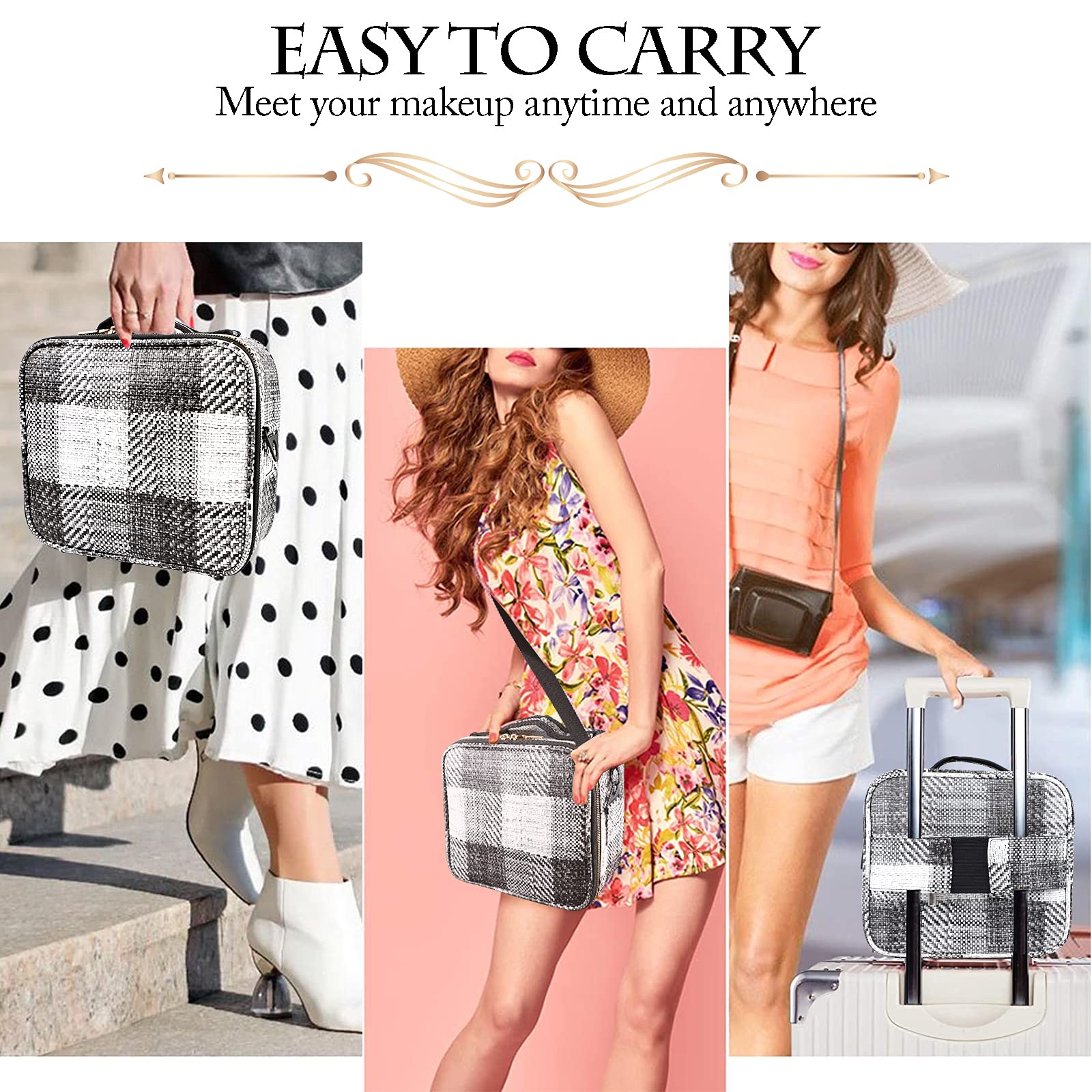 OEWOER Makeup Bag 2 Layers Cosmetic Organizer Case Portable Artist Travel Make up Storage Box with Shoulder Strap and Adjustable Dividers for Cosmetics Makeup Brushes Toiletry Accessories (Small)