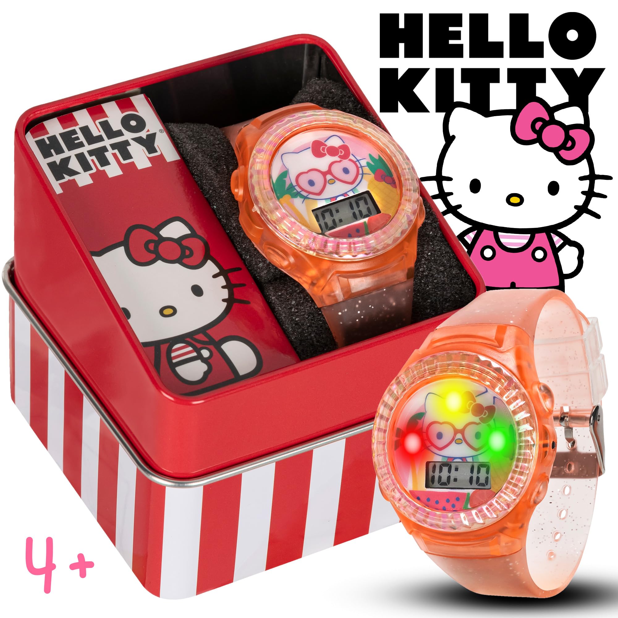 Accutime Sanrio Hello Kitty Kids LCD Watch – Pink Glitter Strap, Transparent Case, Iridescent Bezel, Digital Display, Cute Floral Printed Dial, Adjustable Fit, Perfect for Girls – Fits Wrists 5.5” to 8”