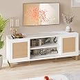 Elegante mobile TV in rattan bianco 180x40x72 cm - con 4 ante in rattan, ripiani regolabili in