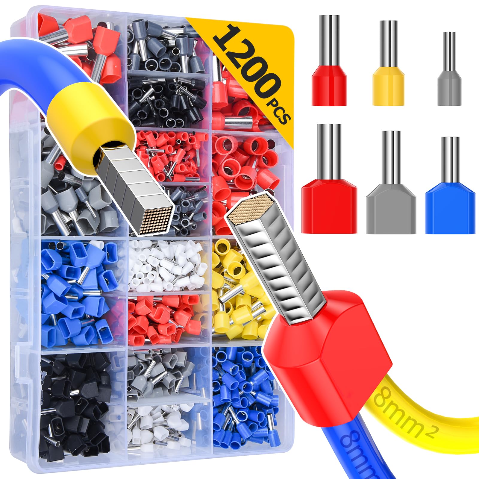 0.5-16mm² Twin Bootlace Ferrules, Dual Terminals,1200pcs Crimp Connectors, Double Wire Quick Connect, All-copper Core, High Insulation Protection