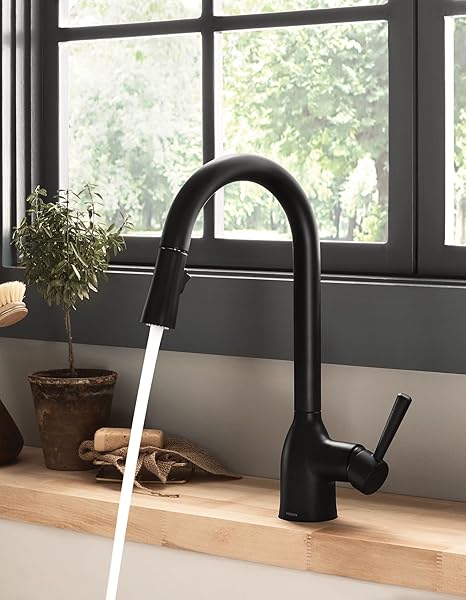 MOEN ADLER MATTE BLACK ONE-HANDLE HIGH ARC KITCHEN SINK FAUCET WITH POWER CLEAN, MODERN KITCHEN FAUCET WITH PULL DOWN SPRAYER, 87233BL