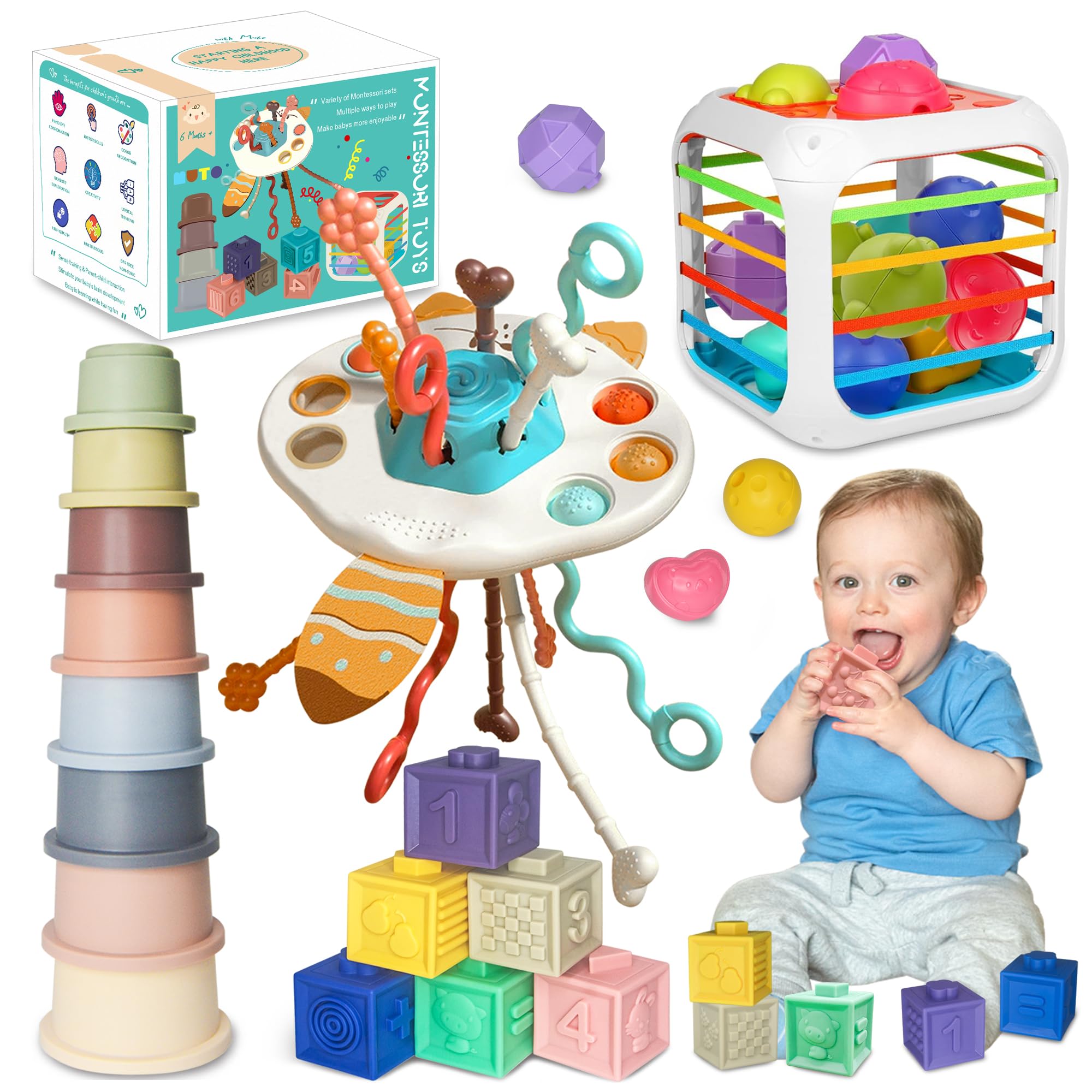 MutoToy® Baby Toys 6 to 12 Months, 4 in 1 Montessori Toys for Babies 6-12 Months 1 2 3 Year Old, Early Development & Activity Toys with Baby Sensory Toys, Stacking cups, Baby Blocks, Pull String Toy