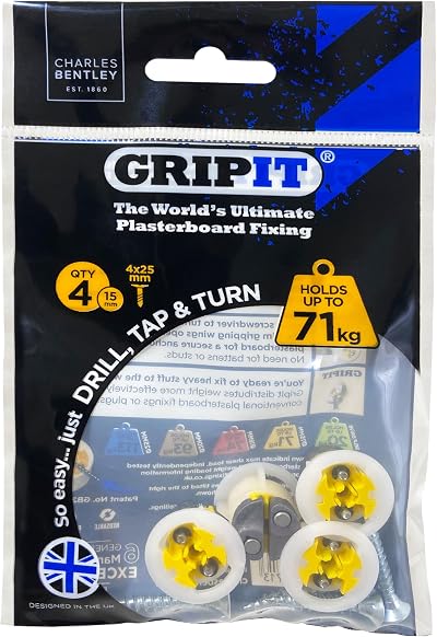 Gripit Yellow Plasterboard Fixings 4 Pack Heavy Duty Holds Up To 71kg