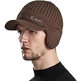 Muryobao Men Winter Beanie Hat Fleece Lined Cuff Knit Hats with Visor Warm Earflaps Ski Cap, Khaki, One Size