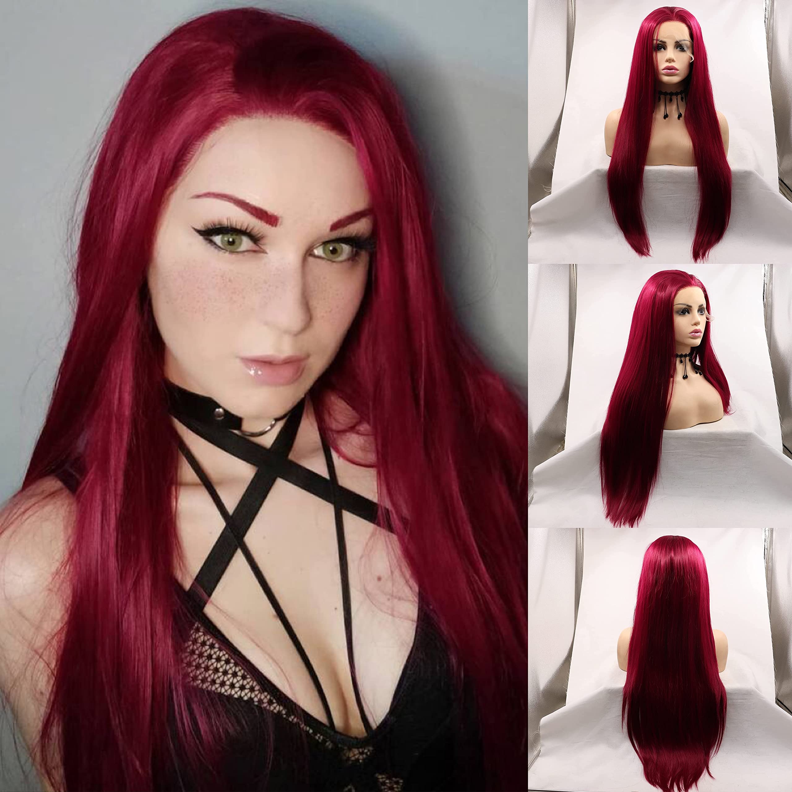 Dark Red Lace Front Wigs Long Straight Natural Hair Heat Resistant Fiber Hair Synthetic Lace Wigs for Fashion Women