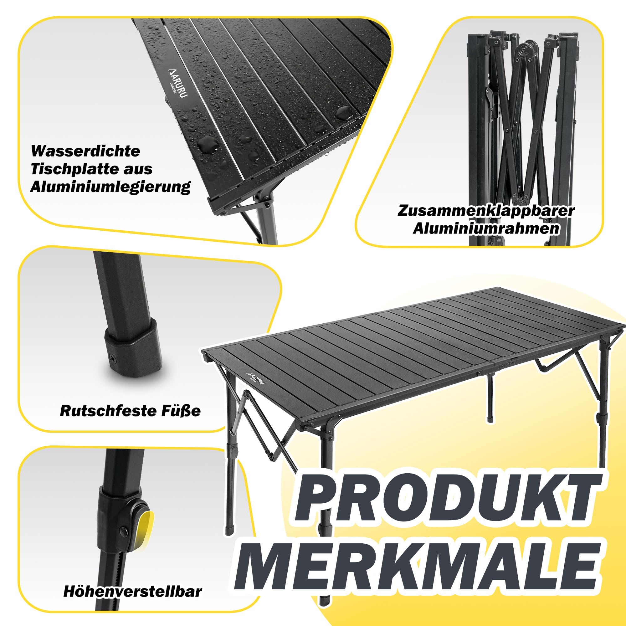 ARURU Groß Campingtisch faltbar Klapptisch 128×60.5cm mit Aluminiumrahmen Aufrollbare Tischplatte Falttisch klappbar Höhenverstellung - bis 50kg inkl für 4-6 Personen 5