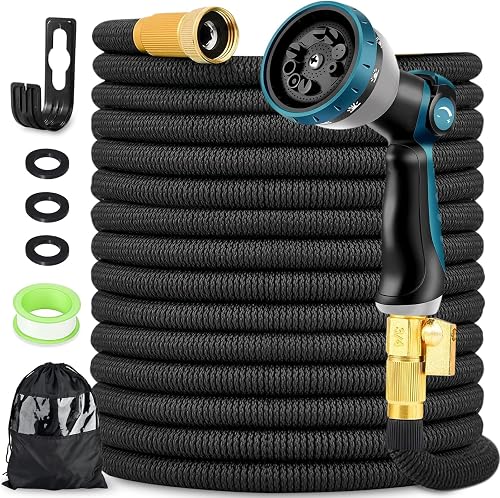 Expandable Garden Hose 100FT, Kink Free Flexible Water Hose with 10 Function Sprayer Nozzle Flexible Outdoor Yard Leak Proof, Lightweight Retractable Hose with Convenient Storage