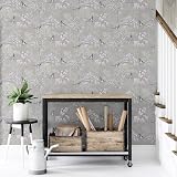 Arthouse Japanese Garden Grey Wallpaper Hand Drawn Trees Birds Pearlescent view 8