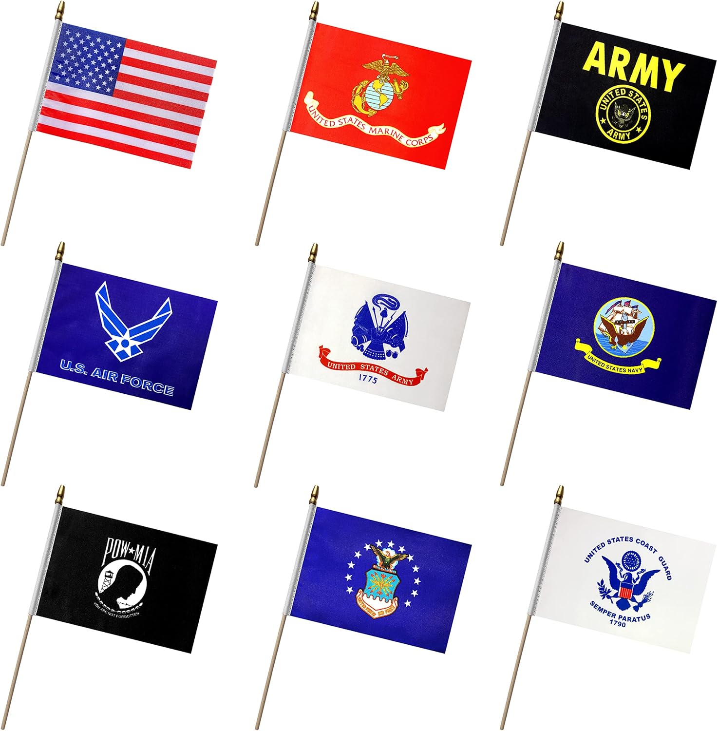 Flags - LoveVC Military Flag Set Small Mini Army Armed Forces Hand Held Flags on Wooden Stick for Memorial Day,Veterans Day,5x8 Inch,20 Pack