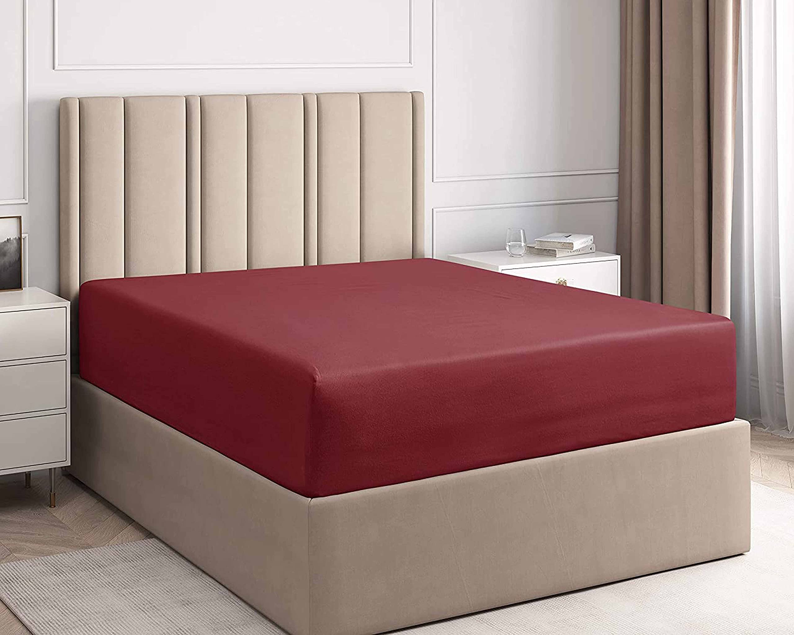 Extra Deep Fitted Sheet with Pair of Matching Pillowcase Double and King Sizes (Wine, Double)