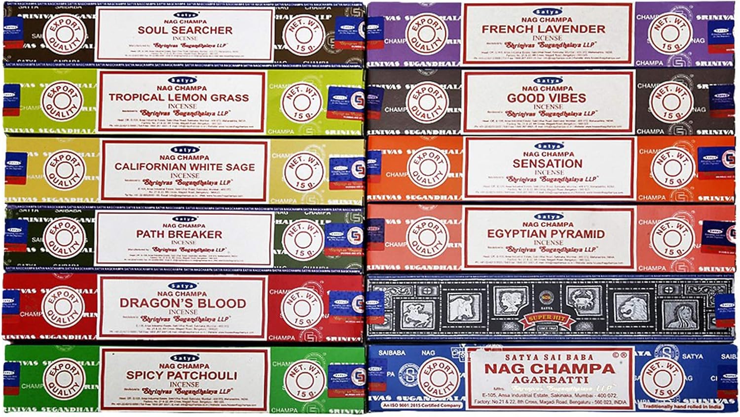 Satya Incense Sticks Variety Pack 15gm x 12 Pack, Natural Organic Hand rolled Incense Sticks Set