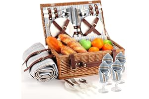 HYBDAMAI Picnic Basket for 4 Persons with Waterproof Picnic Blanket and Insulated Cooler, Large Wicker Picnic Basket for Camping, Outdoors, Valentine's Day, Mother's Day, Birthday, Wedding Gift