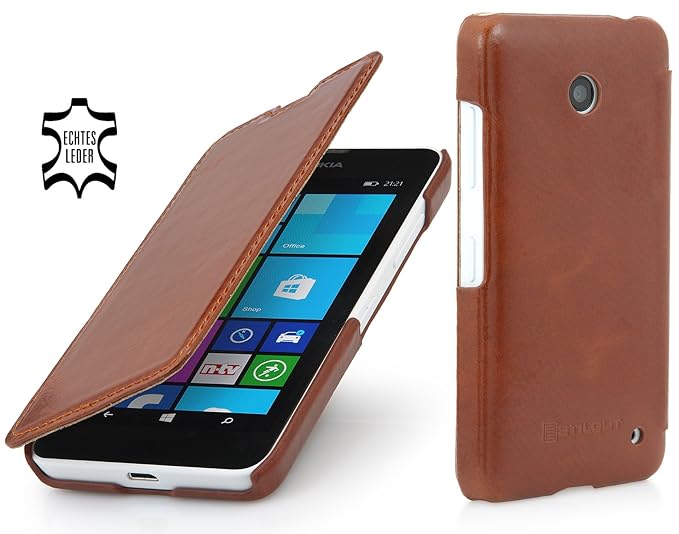 StilGut UltraSlim Case, Tasche in Book Type Stil aus Leder für Nokia Lumia 630/630 Dual SIM, Cognac